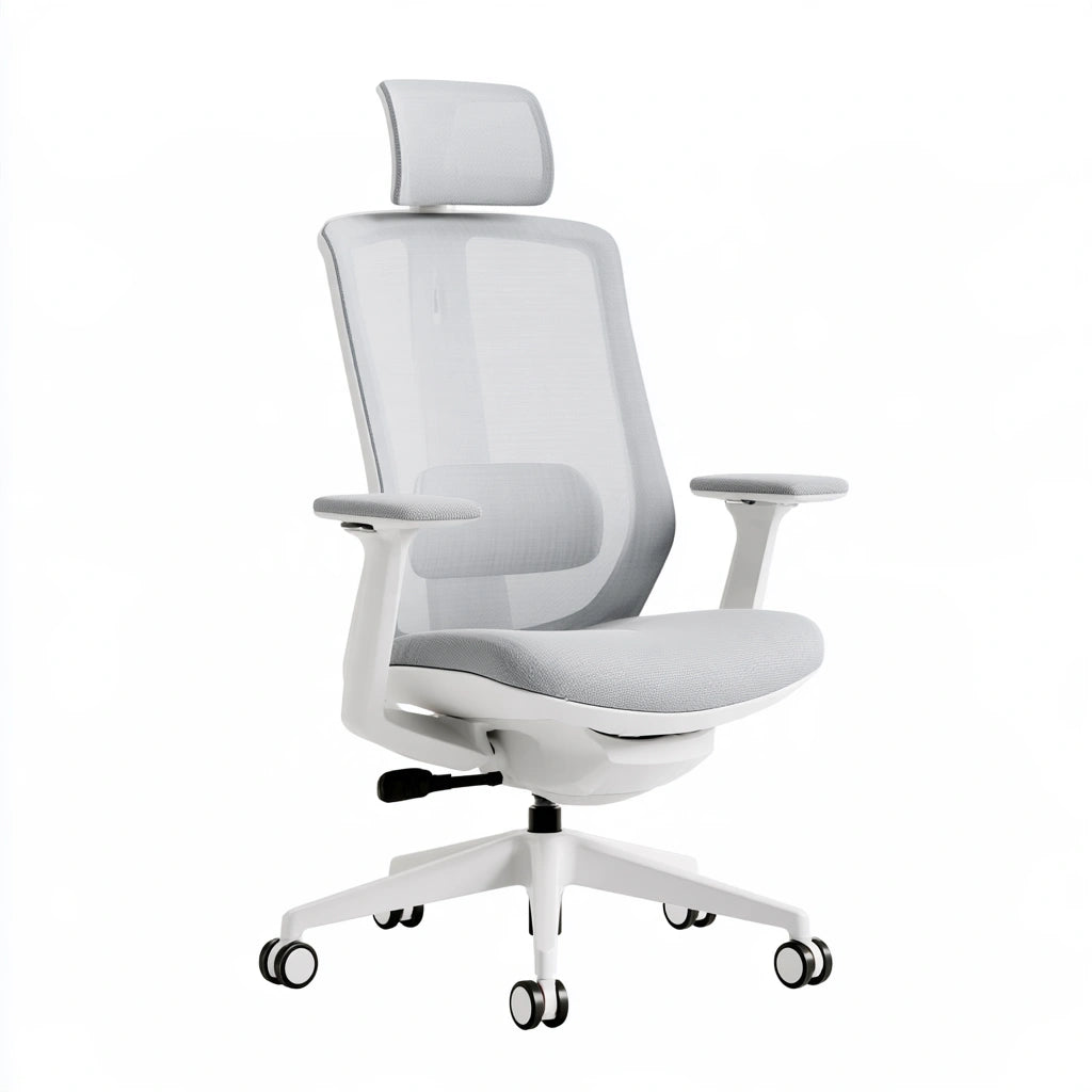 Fauteuil de bureau ergonomique aux lignes épurées, coloris gris clair et blanc