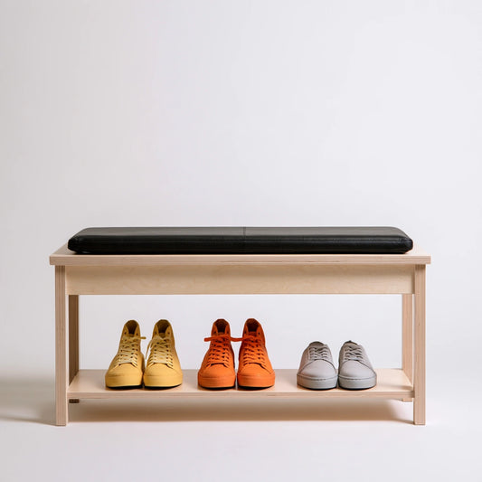 Banc à chaussures avec assise rembourrée en similicuir, coloris noir et beige clair