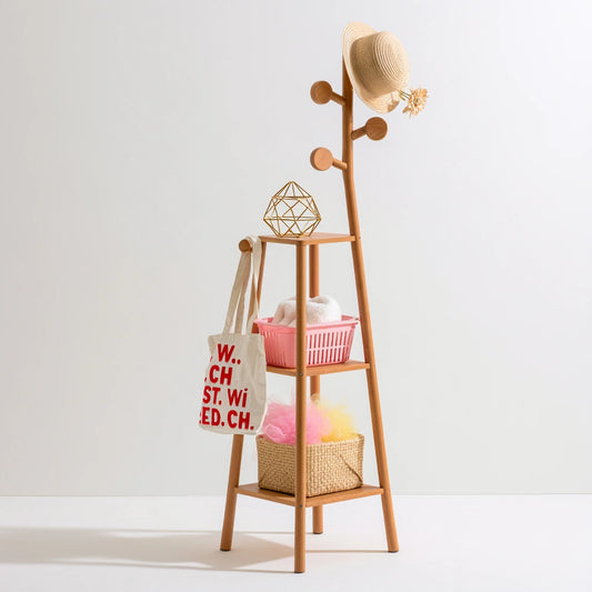 Porte-manteaux en bois, coloris brun clair et blanc