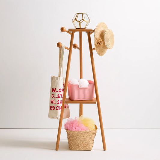 Porte-manteaux en bois, coloris brun clair et blanc