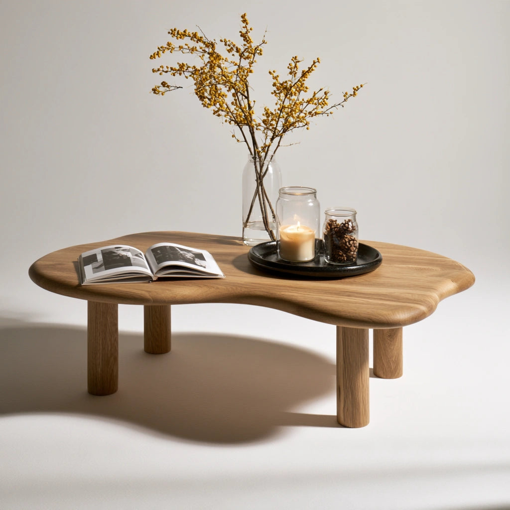 Table basse en bois de chêne clair de la marque Dolvica, design organique avec une finition chaleureuse et naturelle.